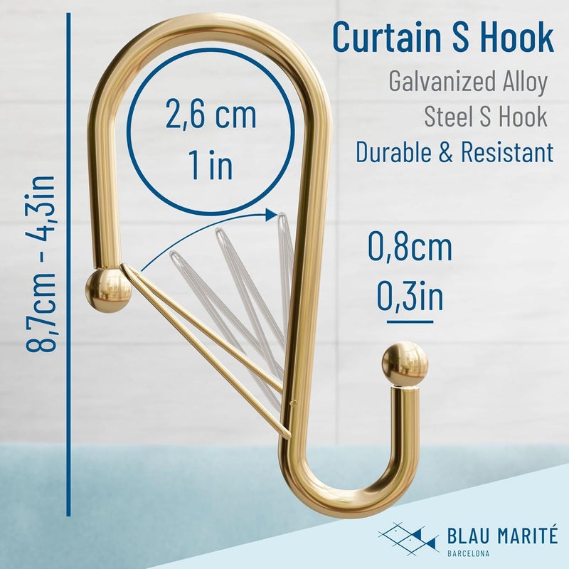 Blau Marité 12 Decorative Metal Shower Curtain Hooks, S-Shaped Hooks with Anti-Fall System, Rust-Proof Shower Rings with Safety Buckle, Fits Rods Up to 1-Inch Diameter (S, Gold) - Image 3